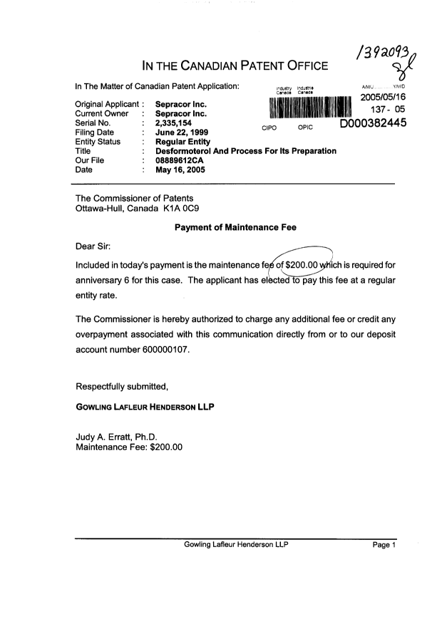 Document de brevet canadien 2335154. Taxes 20050516. Image 1 de 1