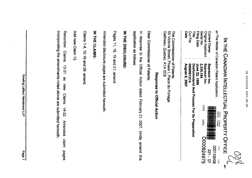 Canadian Patent Document 2335154. Prosecution-Amendment 20070808. Image 1 of 12