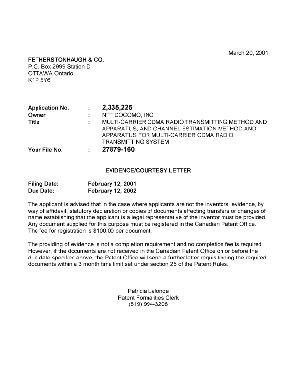 Document de brevet canadien 2335225. Correspondance 20010314. Image 1 de 1
