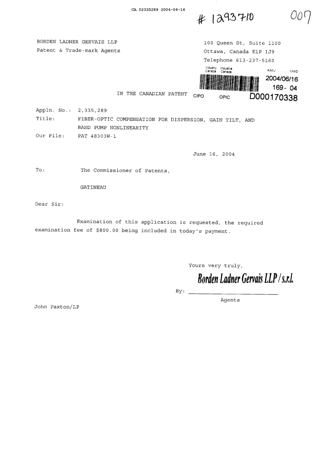 Canadian Patent Document 2335289. Prosecution-Amendment 20031216. Image 1 of 1