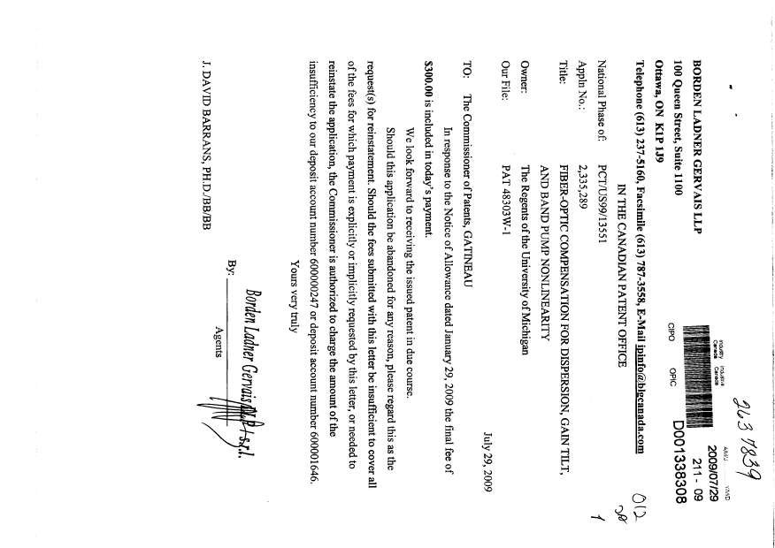 Canadian Patent Document 2335289. Correspondence 20090729. Image 1 of 1