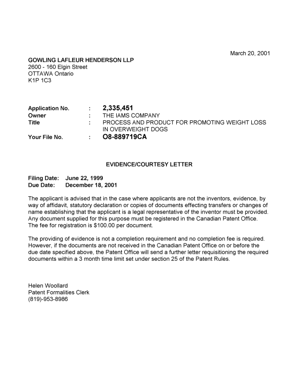 Document de brevet canadien 2335451. Correspondance 20010314. Image 1 de 1