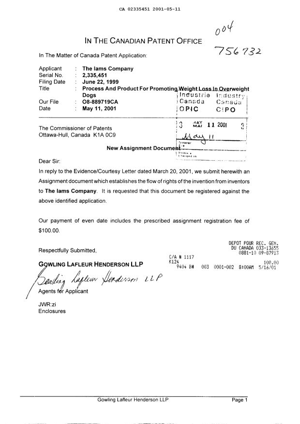 Document de brevet canadien 2335451. Cession 20010511. Image 1 de 3