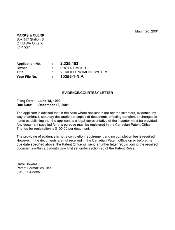 Document de brevet canadien 2335453. Correspondance 20010314. Image 1 de 1