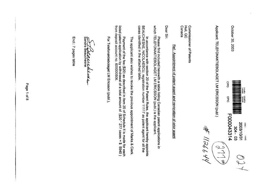 Document de brevet canadien 2335489. Correspondance 20031031. Image 1 de 8