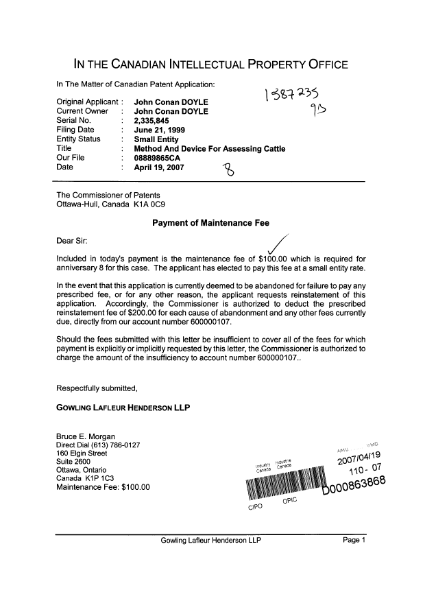 Document de brevet canadien 2335845. Taxes 20070419. Image 1 de 1