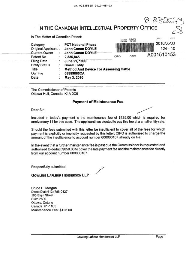 Document de brevet canadien 2335845. Taxes 20100503. Image 1 de 1