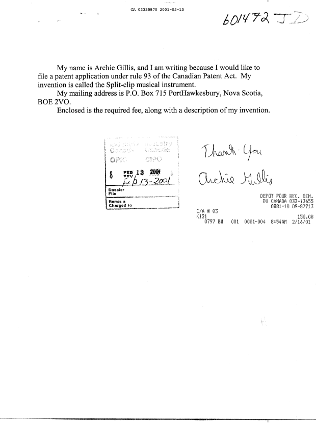 Document de brevet canadien 2335870. Cession 20010213. Image 1 de 1