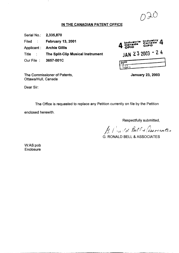 Document de brevet canadien 2335870. Correspondance 20030123. Image 1 de 2
