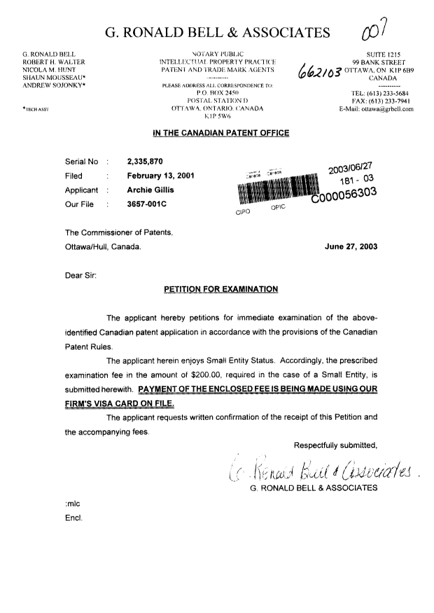 Canadian Patent Document 2335870. Prosecution-Amendment 20030627. Image 1 of 1