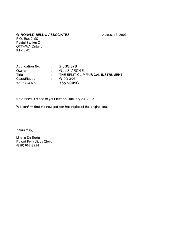 Document de brevet canadien 2335870. Correspondance 20030807. Image 1 de 1
