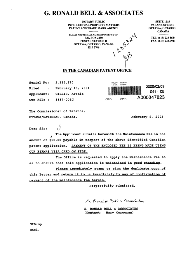 Document de brevet canadien 2335870. Taxes 20050209. Image 1 de 1