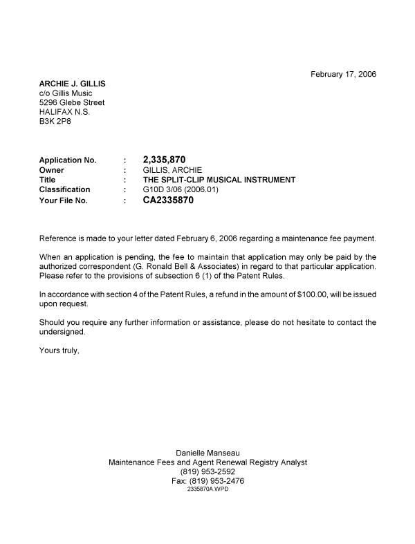 Document de brevet canadien 2335870. Correspondance 20060217. Image 1 de 1
