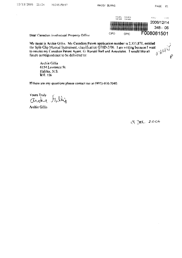 Document de brevet canadien 2335870. Correspondance 20061214. Image 1 de 2