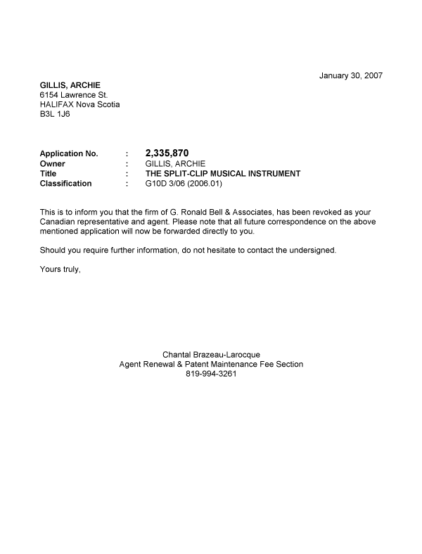 Document de brevet canadien 2335870. Correspondance 20070130. Image 1 de 1