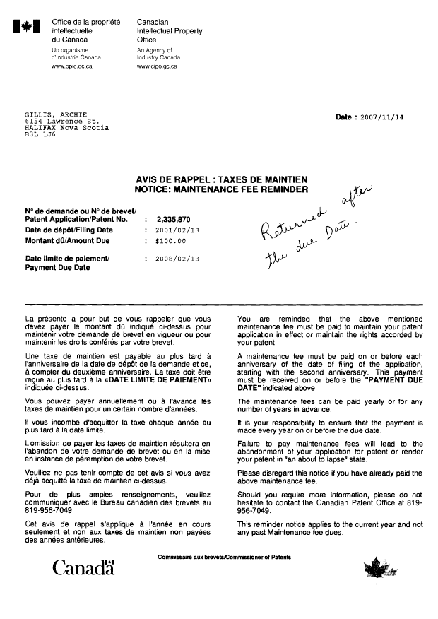Document de brevet canadien 2335870. Correspondance 20080415. Image 1 de 2