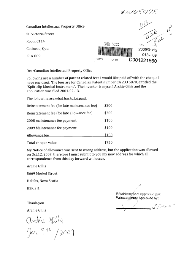 Document de brevet canadien 2335870. Taxes 20090112. Image 1 de 1