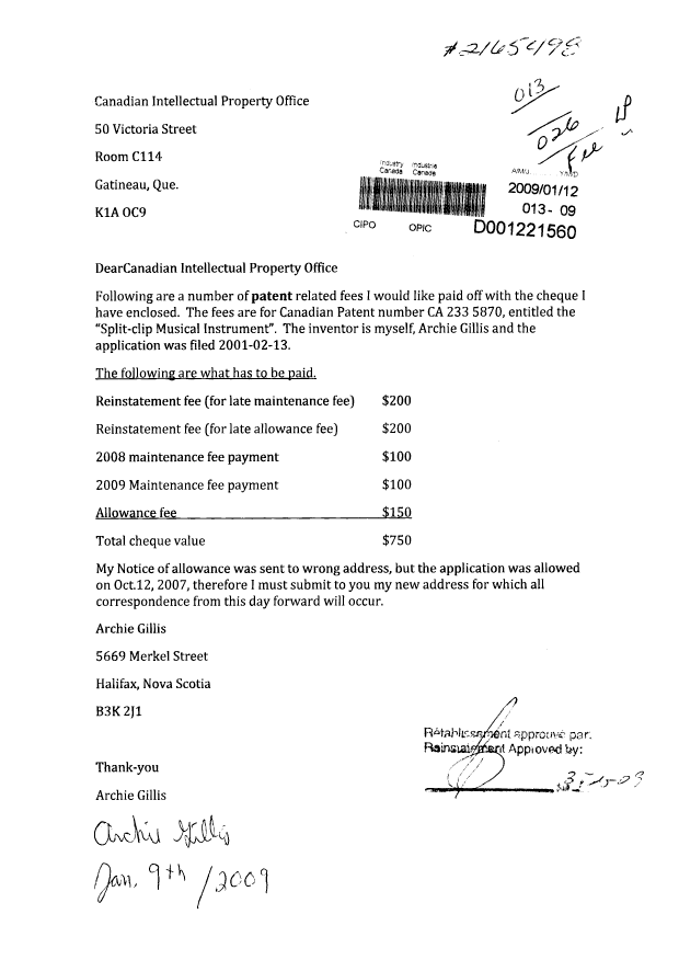 Document de brevet canadien 2335870. Correspondance 20090112. Image 1 de 1