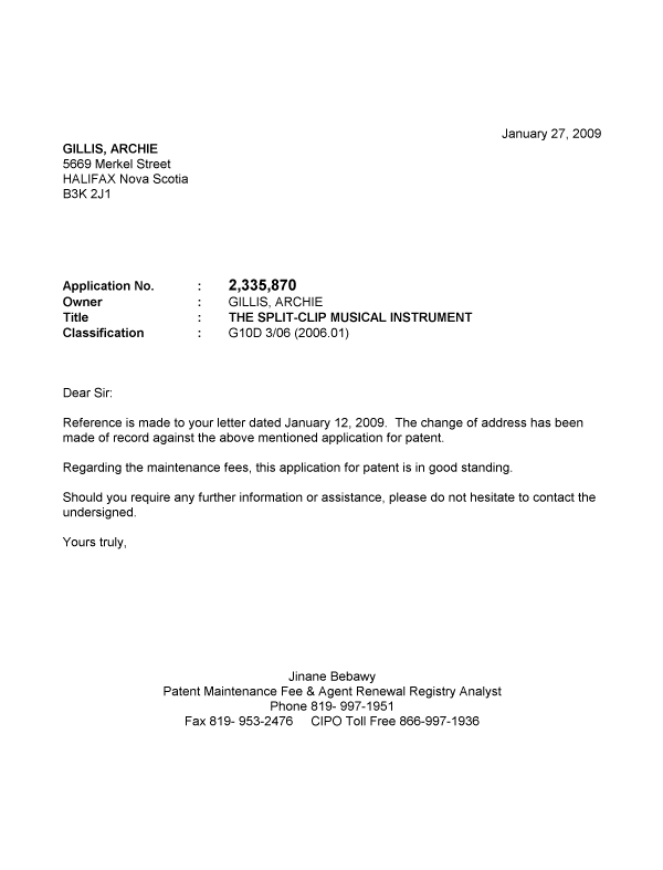 Document de brevet canadien 2335870. Correspondance 20090127. Image 1 de 1