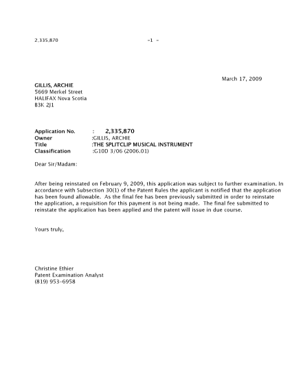 Document de brevet canadien 2335870. Correspondance 20090317. Image 1 de 1