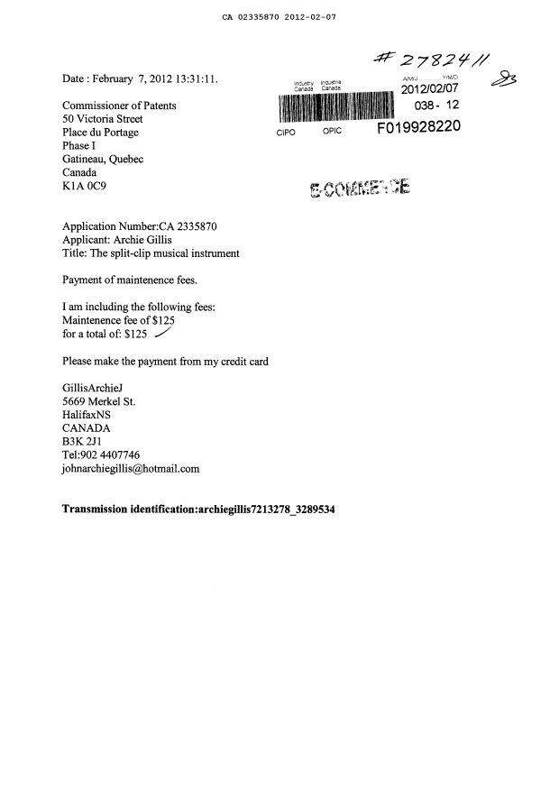 Document de brevet canadien 2335870. Taxes 20120207. Image 1 de 1