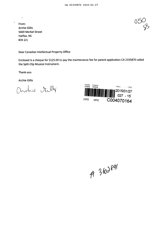Document de brevet canadien 2335870. Taxes 20150127. Image 1 de 1