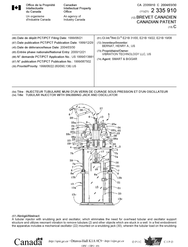 Canadian Patent Document 2335910. Cover Page 20040303. Image 1 of 2