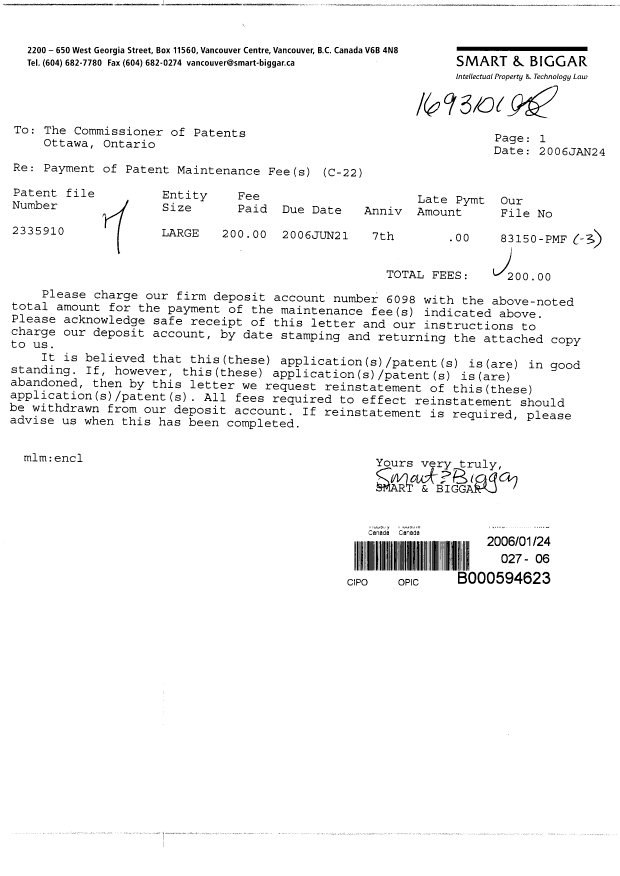 Canadian Patent Document 2335910. Fees 20060124. Image 1 of 1