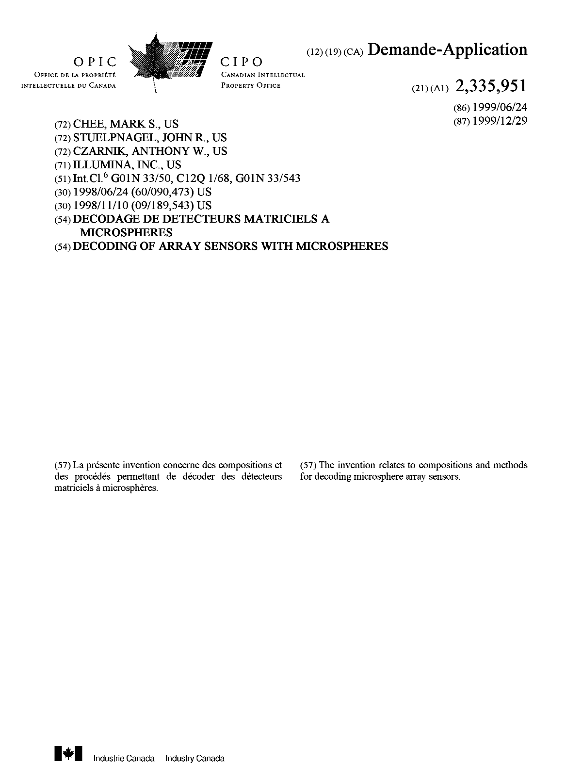 Document de brevet canadien 2335951. Page couverture 20010410. Image 1 de 1