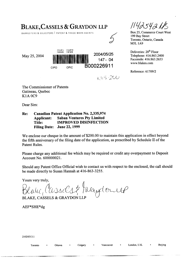 Document de brevet canadien 2335974. Taxes 20040525. Image 1 de 1