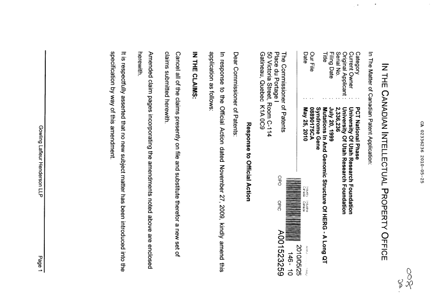 Canadian Patent Document 2336236. Prosecution-Amendment 20091225. Image 1 of 9