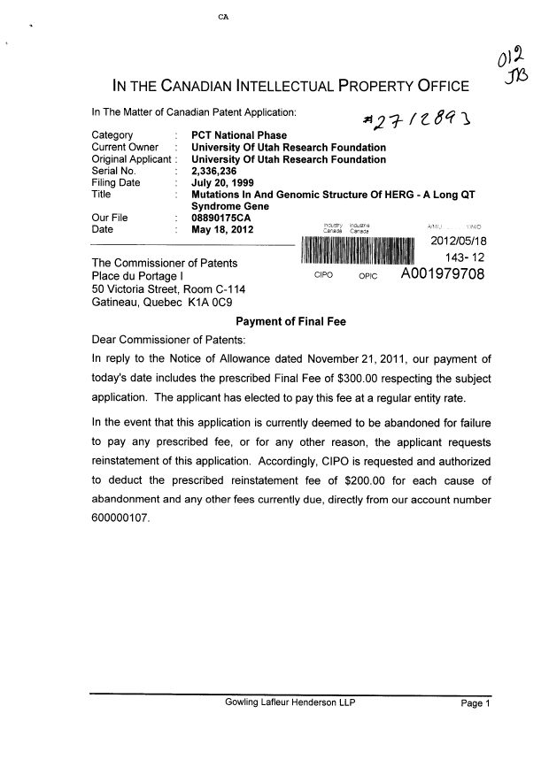 Canadian Patent Document 2336236. Correspondence 20111218. Image 1 of 2