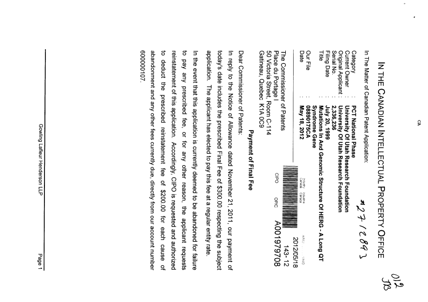 Document de brevet canadien 2336236. Correspondance 20111218. Image 1 de 2