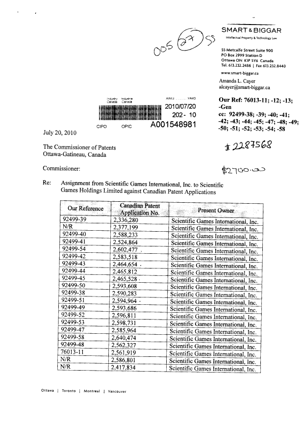 Document de brevet canadien 2336280. Cession 20100720. Image 1 de 10