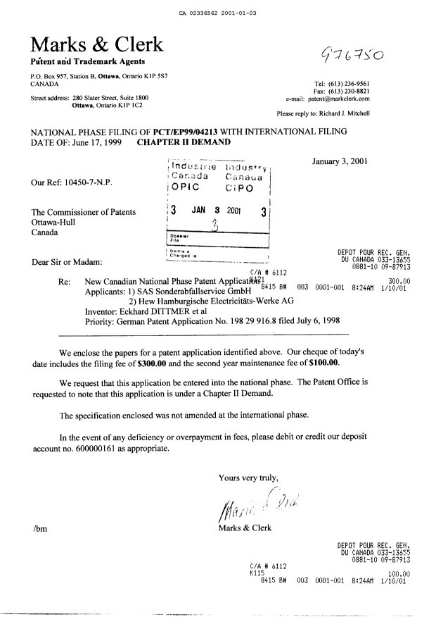 Document de brevet canadien 2336562. Cession 20010103. Image 1 de 2