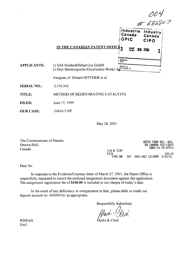 Document de brevet canadien 2336562. Cession 20010528. Image 1 de 2