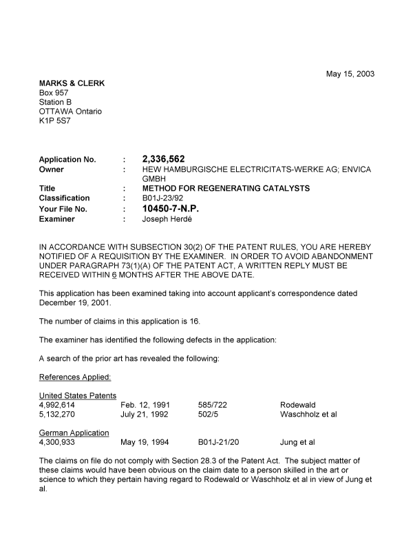Canadian Patent Document 2336562. Prosecution-Amendment 20030515. Image 1 of 2