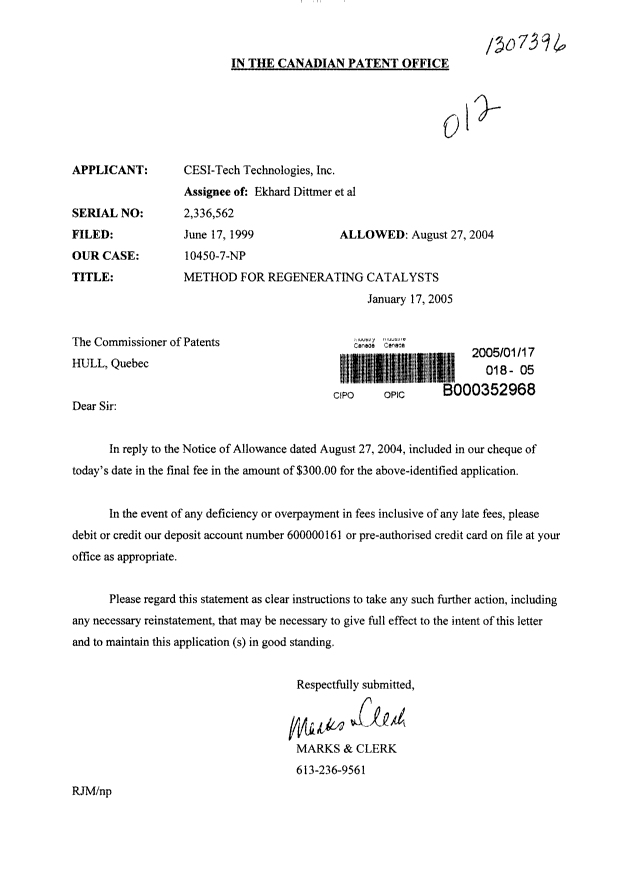 Document de brevet canadien 2336562. Correspondance 20050117. Image 1 de 1