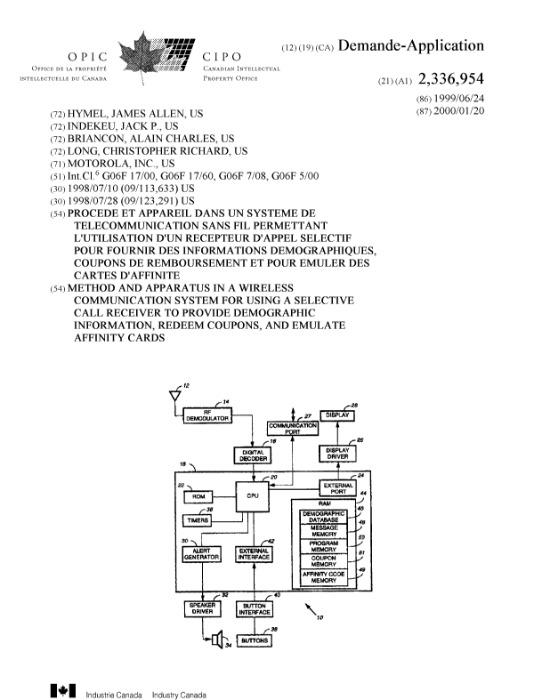 Canadian Patent Document 2336954. Cover Page 20010417. Image 1 of 2