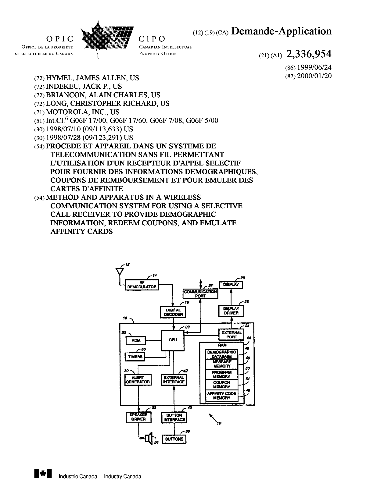 Canadian Patent Document 2336954. Cover Page 20010417. Image 1 of 2