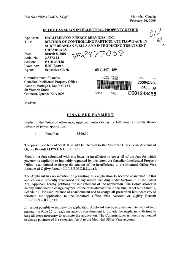 Document de brevet canadien 2337122. Correspondance 20090226. Image 1 de 2