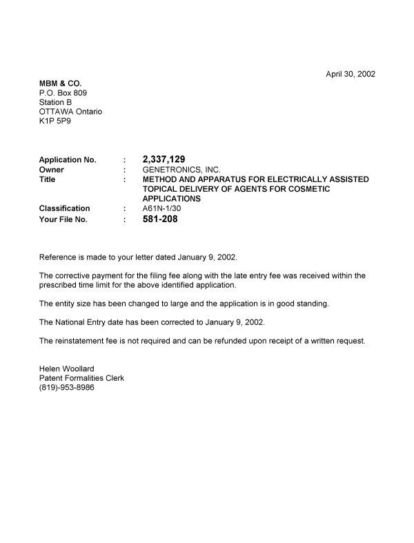 Canadian Patent Document 2337129. Correspondence 20020425. Image 1 of 1