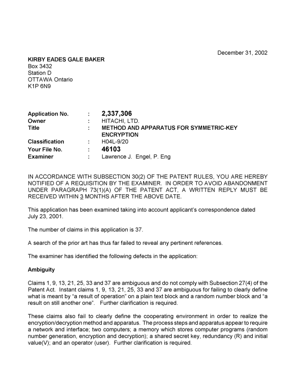 Canadian Patent Document 2337306. Prosecution-Amendment 20021231. Image 1 of 4