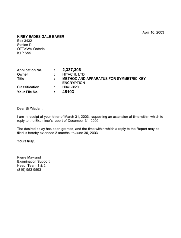 Document de brevet canadien 2337306. Correspondance 20030416. Image 1 de 1