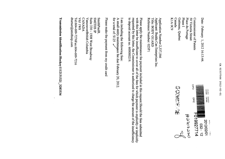 Canadian Patent Document 2337566. Fees 20120201. Image 1 of 1