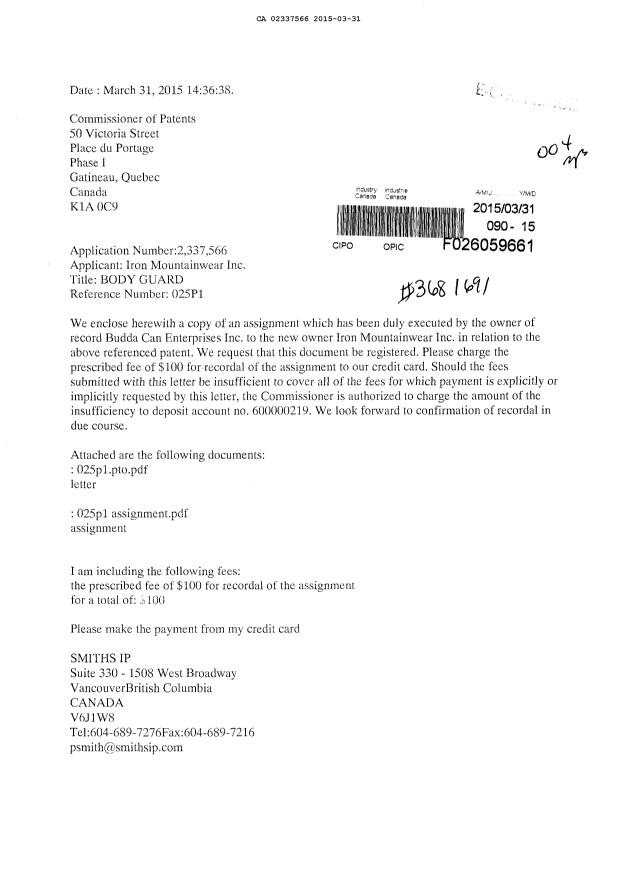 Document de brevet canadien 2337566. Cession 20150331. Image 1 de 6