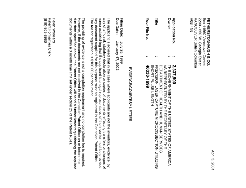 Canadian Patent Document 2337900. Correspondence 20010328. Image 1 of 1