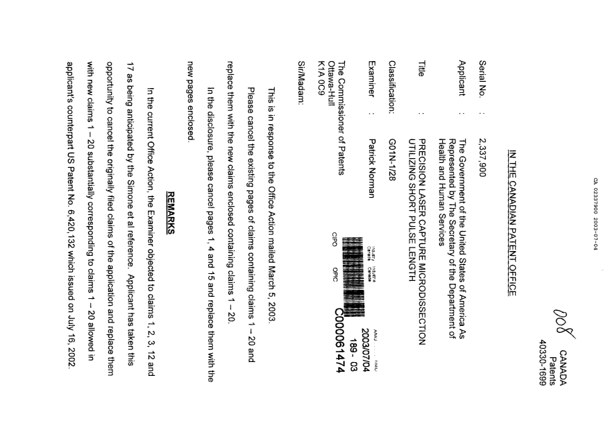 Canadian Patent Document 2337900. Prosecution-Amendment 20030704. Image 1 of 16