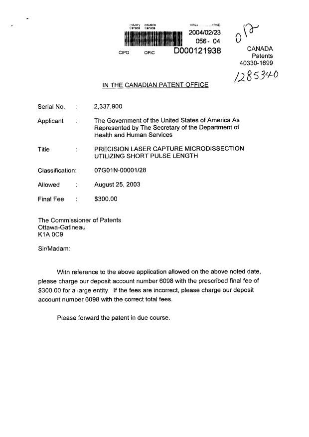 Document de brevet canadien 2337900. Correspondance 20040223. Image 1 de 2