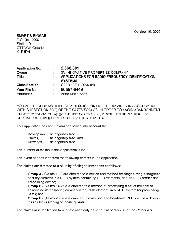 Canadian Patent Document 2338601. Prosecution-Amendment 20061215. Image 1 of 2